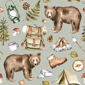 Small Scale / Take A Hike Woodland Bear / Sage Linen Textured Background