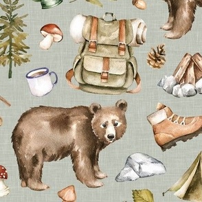 Medium Scale / Take A Hike Woodland Bear / Sage Linen Textured Background