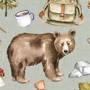 Large Scale / Take A Hike Woodland Bear / Sage Linen Textured Background