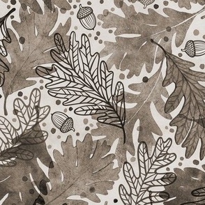 Autumn Confetti- Khaki- Dark- Medium- Neutral Fall Leaves- Thanksgiving Home Decor- Earthy Tones Oak Leaves and Acorns- Taupe- Neutral Muted Brown- Greige
