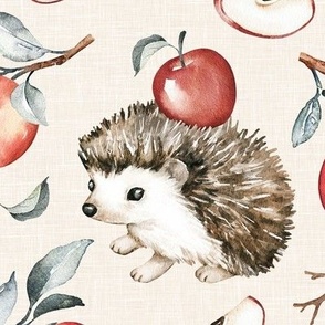Large Scale / Cute Autumn Hedgehog with Apples / Cream Linen Textured Background