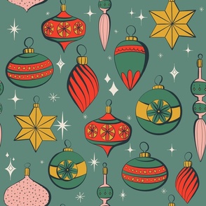 Retro Christmas Ornaments on Dark Green