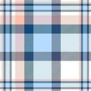 Plaid in blue, pale coral, white and grey