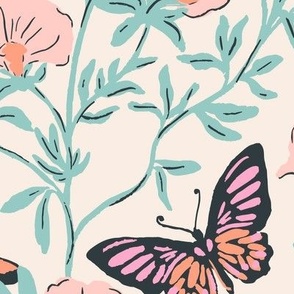 Butterflies birds and flowering vines