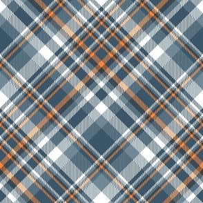 Plaid in teal, dusty blue, grey, orange and white - diagonal