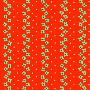 Bold Christmas Green Daisy Rows Small Scale Floral Pattern on Red