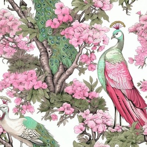 Two Peacocks Jade Pink_White Background