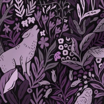 Wolves and owls - deep dark purple - medium