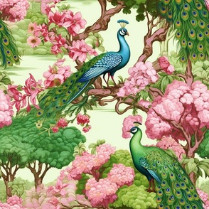 Two Peacocks Forest Cherry Tree Green