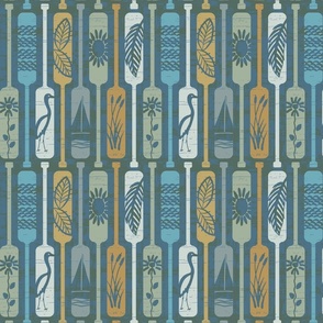 Our Lake Story paddle pattern in dark blue, sage green, orange and off white