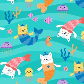 Cute underwater mermaid cats children's kids bedroom wallpaper - large