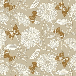 Trailing Dahlia with Butterfly on Beige