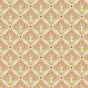 pink tree of life trellis on light olive green | small