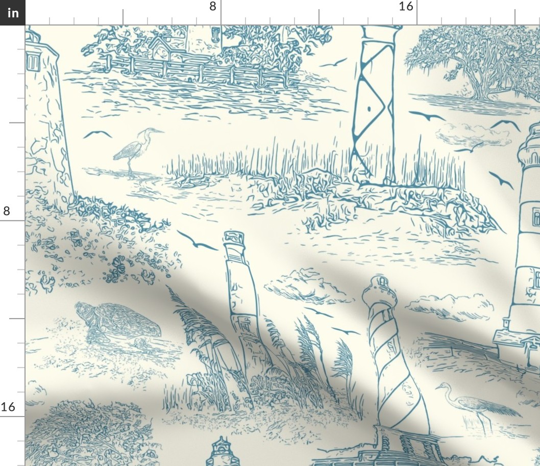 Large Lighthouse Toile Antique Blue on Cream