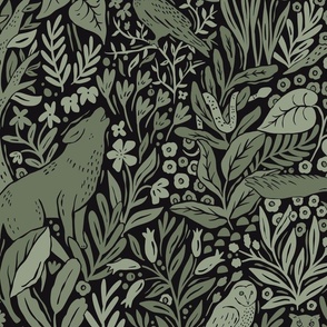 Wolves and owls - dark greens - large