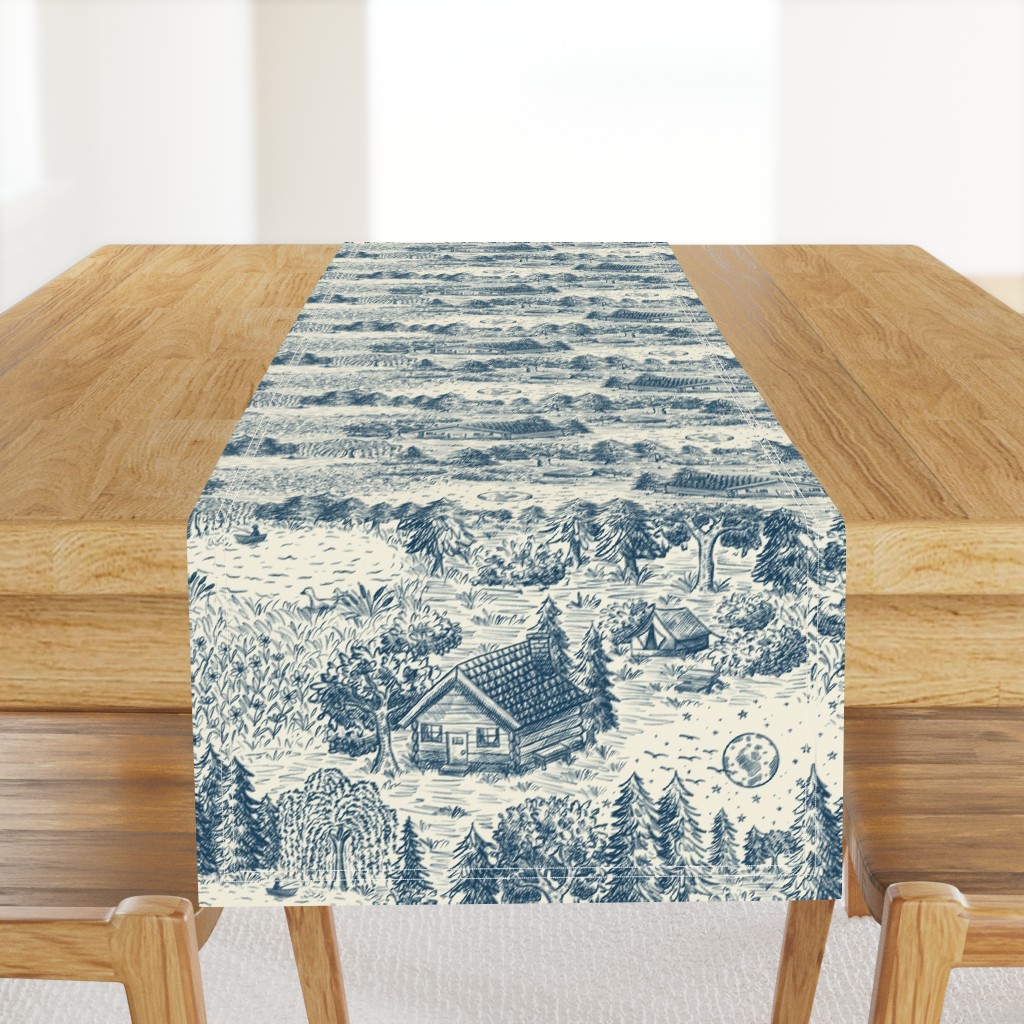 Lakeside Vacation Cabin Toile De Jouy - Large Scale - Blue