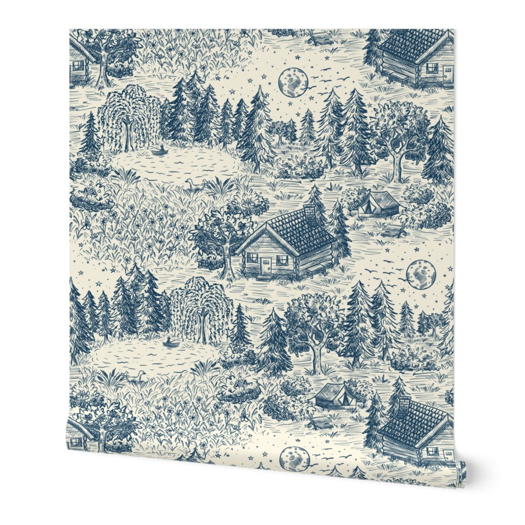 Lakeside Vacation Cabin Toile De Jouy - Large Scale - Blue