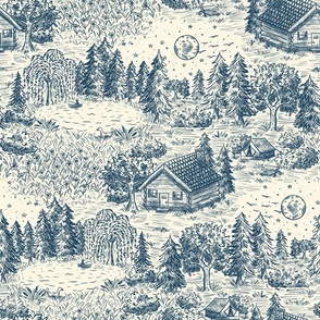 Lakeside Vacation Cabin Toile De Jouy - Large Scale - Blue