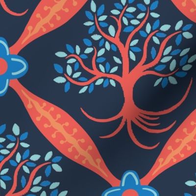 tree of life trellis | coral on navy | large