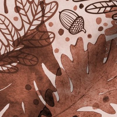Autumn Confetti- Terracotta- Dark- Extra Large- Neutral Watercolor Fall Leaves- Thanksgiving Home Decor- Earthy Tones Oak Leaves and Acorns- Cinnamon- Pumpkin Spice- Copper- Reddish Brown- Bunt Orange