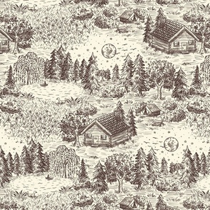 Lakeside Vacation Cabin Toile De Jouy - Large Scale - Brown