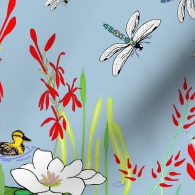 swimming-lessons-at-the-lake-duckings-waterlilies-lobelia-dragonflies-pastels-greens-yellows-white-red-on-light-blue-background