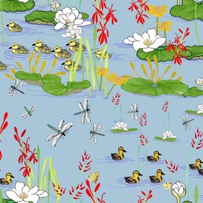 swimming-lessons-at-the-lake-duckings-waterlilies-lobelia-dragonflies-pastels-greens-yellows-white-red-on-light-blue-background