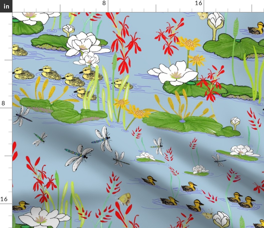 swimming-lessons-at-the-lake-duckings-waterlilies-lobelia-dragonflies-pastels-greens-yellows-white-red-on-light-blue-background