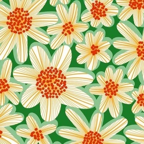 White Blooms (Mid Size) - Festive Christmas flower repeat pattern in white, red, gold and green