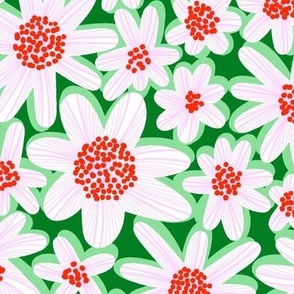White Blooms (Mid Size) - Christmas Flowers in white, red, pink, and green repeat pattern
