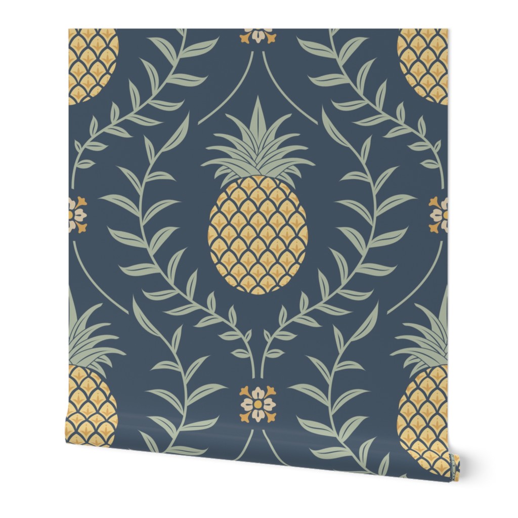 Pineapple leaves elegant damask wallpaper in Newbury Port Blue Large 