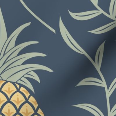Pineapple leaves elegant damask wallpaper in Newbury Port Blue Large 