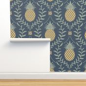 Pineapple leaves elegant damask wallpaper in Newbury Port Blue Large 