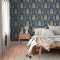 Pineapple leaves elegant damask wallpaper in Newbury Port Blue Large 