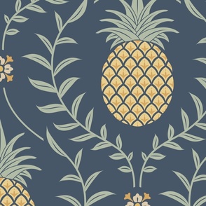 Pineapple leaves elegant damask wallpaper in Newbury Port Blue Large 