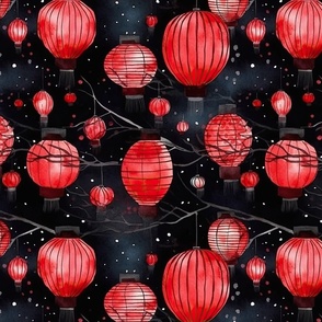 Small Red Glowing Chinese Paper Lanterns Watercolor