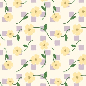 Hand Drawn Floral and Squares in Yellow, Purple, Green, Cream - Large Scale