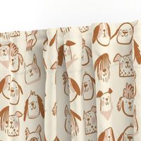 Playful Dogs:  happy dog faces brown with pink on cream background.  Labradoodle, Dalmatian, golden retriever, French bulldog, sheep dog, beagle, cocker spaniel, poodle, schnauzer, dachshund 