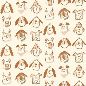 Playful Dogs:  happy dog faces brown with pink on cream background.  Labradoodle, Dalmatian, golden retriever, French bulldog, sheep dog, beagle, cocker spaniel, poodle, schnauzer, dachshund 