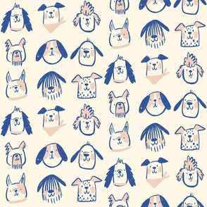 Playful Dogs:  happy dog faces blue and pink on cream background. 