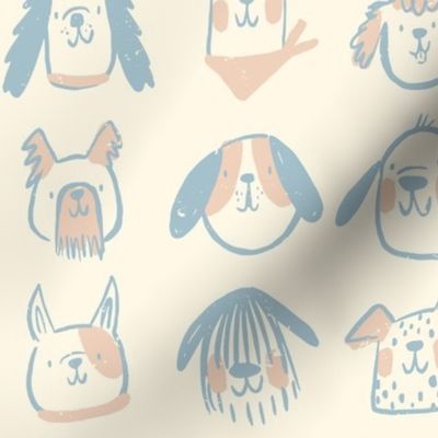 Playful Dogs:  happy dog faces with touches of blue and pink on cream background.  Labradoodle, Dalmatian, golden retriever, French bulldog, sheep dog, beagle, cocker spaniel, poodle, schnauzer, dachshund 