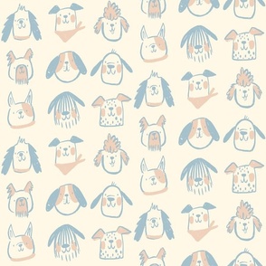 Playful Dogs:  happy dog faces with touches of blue and pink on cream background.  Labradoodle, Dalmatian, golden retriever, French bulldog, sheep dog, beagle, cocker spaniel, poodle, schnauzer, dachshund 
