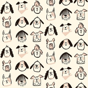 Playful Dogs:  happy dog faces with touches of pink on cream background.  Labradoodle, Dalmatian, golden retriever, French bulldog, sheep dog, beagle, cocker spaniel, poodle, schnauzer, dachshund 