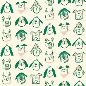 Playful Dogs:  happy dog faces with touches of green and pink on cream background.  Labradoodle, Dalmatian, golden retriever, French bulldog, sheep dog, beagle, cocker spaniel, poodle, schnauzer, dachshund 