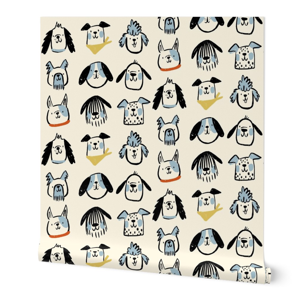 Playful Dogs:  happy dog faces with touches of blue, red and citron on cream background.  Labradoodle, Dalmatian, golden retriever, French bulldog, sheep dog, beagle, cocker spaniel, poodle, schnauzer, dachshund 