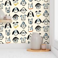 Playful Dogs:  happy dog faces with touches of blue, red and citron on cream background.  Labradoodle, Dalmatian, golden retriever, French bulldog, sheep dog, beagle, cocker spaniel, poodle, schnauzer, dachshund 