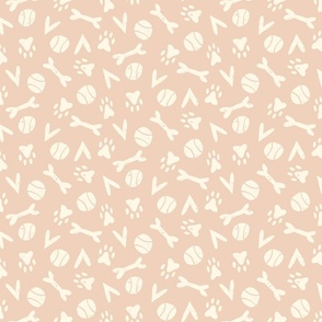 I Love Dogs Design: cream colored bones, tennis balls, hearts and paws on blush pink background.