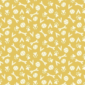 I Love Dogs Design: cream colored bones, tennis balls, hearts and paw prints on yellow background.
