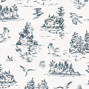 LARGE Toile de Joey lake scene with islands and osprey birds flying with fish 
