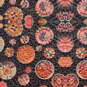 Cabin core ethnic boho hand embroidered effect art quilt with circles and mirrored circles with Shashiko stitching effect small 8”  repeat  on peach salmon with almost black background